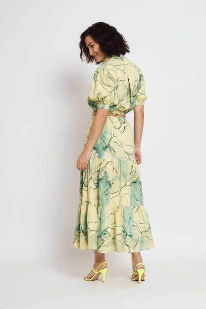 Green Rayon Tie dye Printed Top with Matching Skirt - Shivani - Distacart
