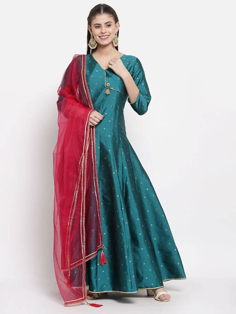 Myshka Women's Green Silk Solid 3/4 Sleeve V Neck Casual Anarkali Kurta Dupatta Set