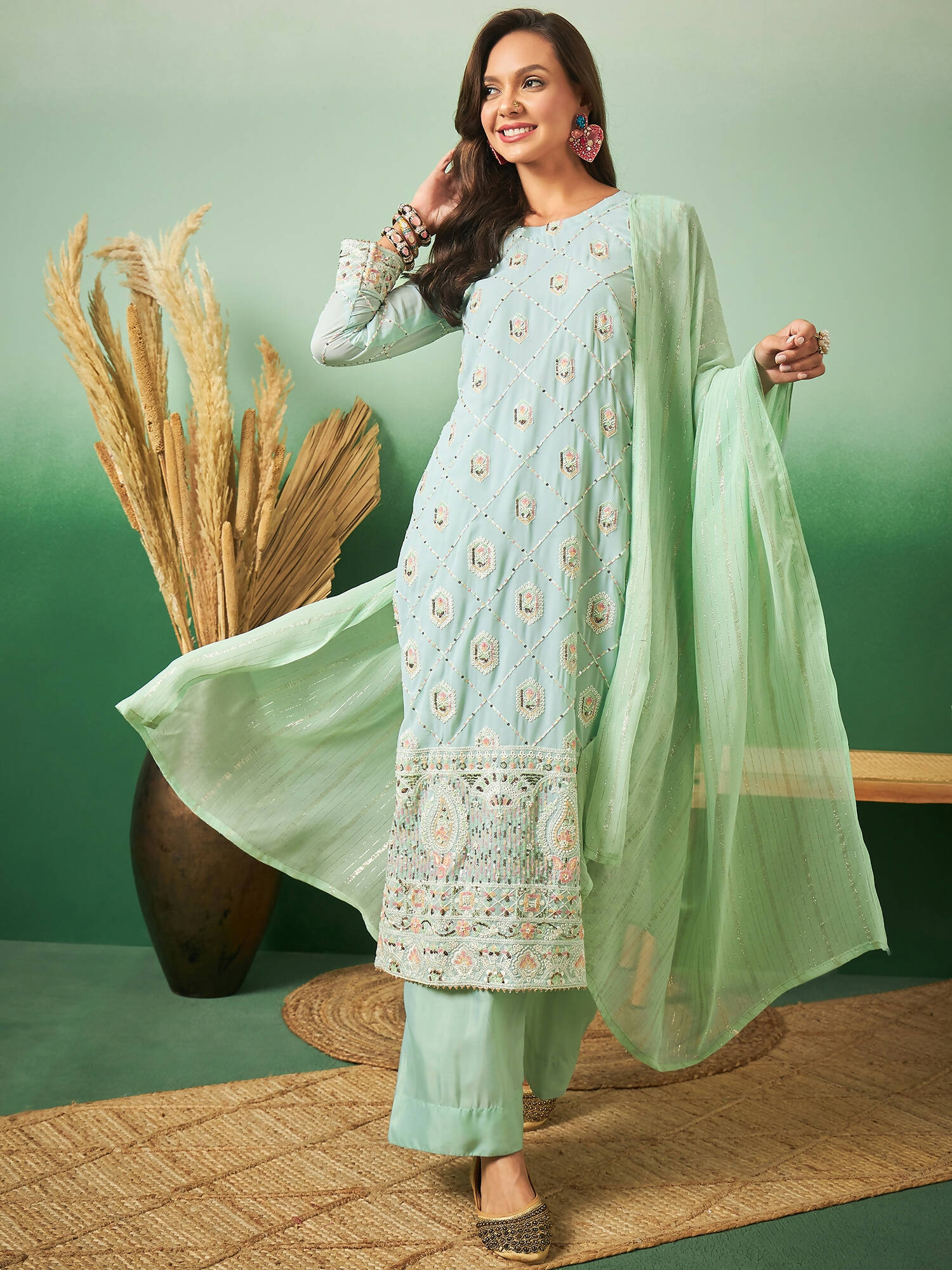 Sea Green Georgette Handwork Unstitched Dress Material - Hanika - Distacart