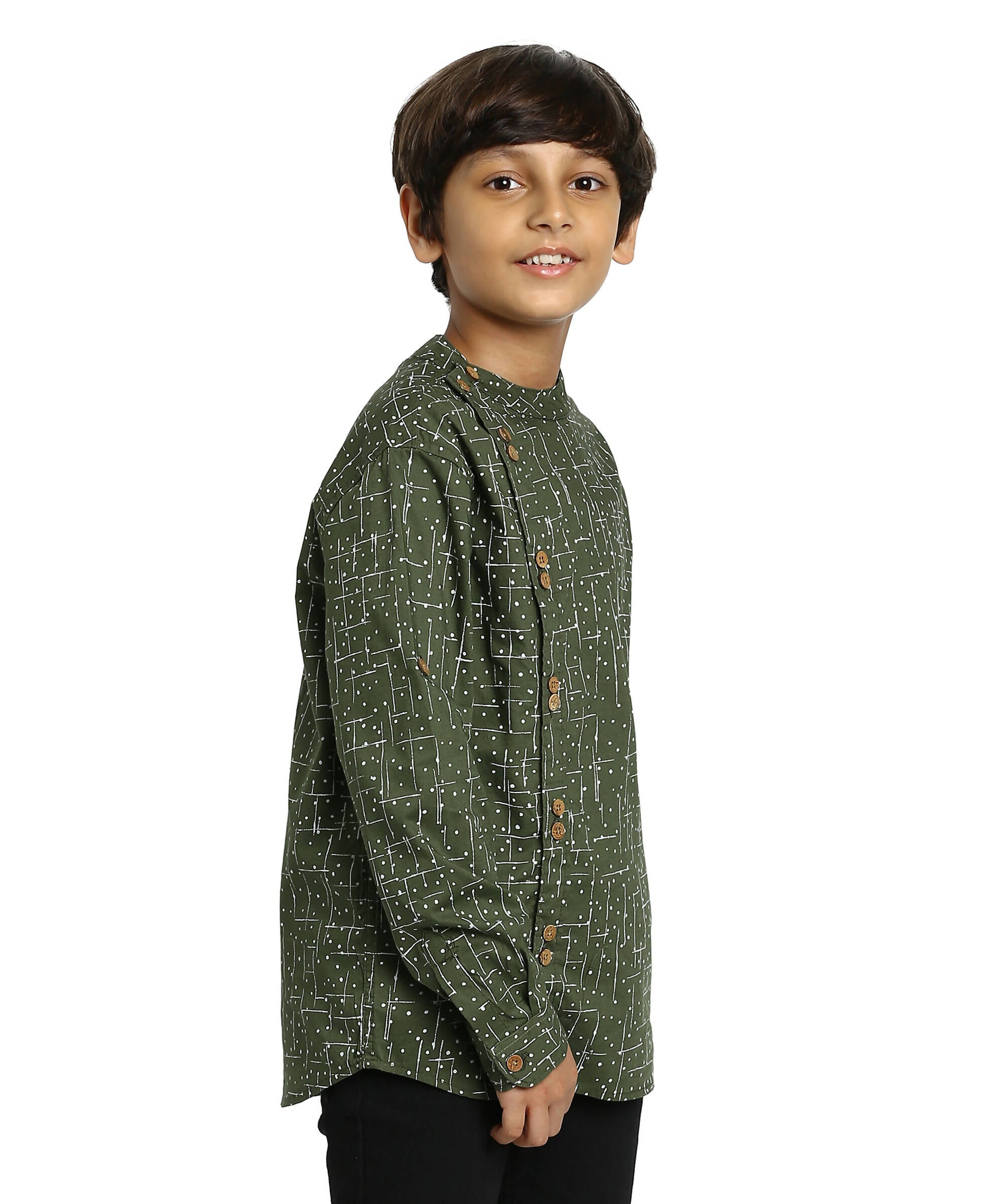 Manet Boys Full Sleeves Dot Printed Ethnic Shirt - Olive Green - Distacart