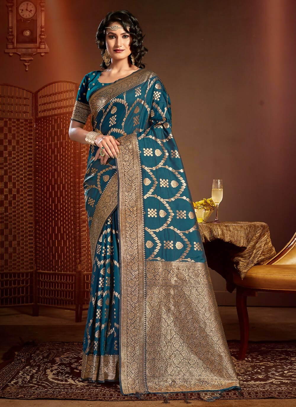 Dark Blue Silk Ethnic Motif Woven Design Saree with Unstitched Blouse Piece - Aachal - Distacart