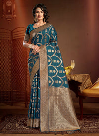 Thumbnail for Dark Blue Silk Ethnic Motif Woven Design Saree with Unstitched Blouse Piece - Aachal - Distacart