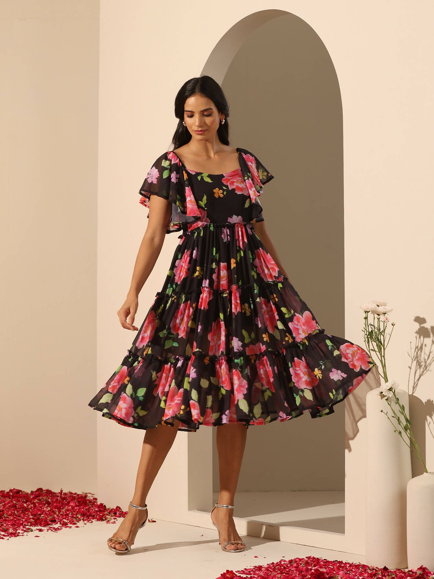 Pomcha Jaipur Black Gul Gulabi Phool 3 Tiered Dress - Distacart
