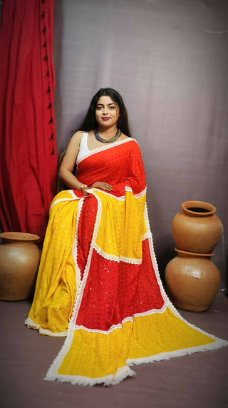 Exclusive Collection Chikankari Sequence Saree - Yellow & Red - Distacart