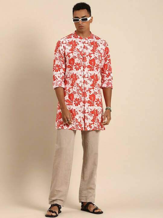 Red & White Men pure Cotton Floral Printed Straight Kurta - Mahotsav - Distacart