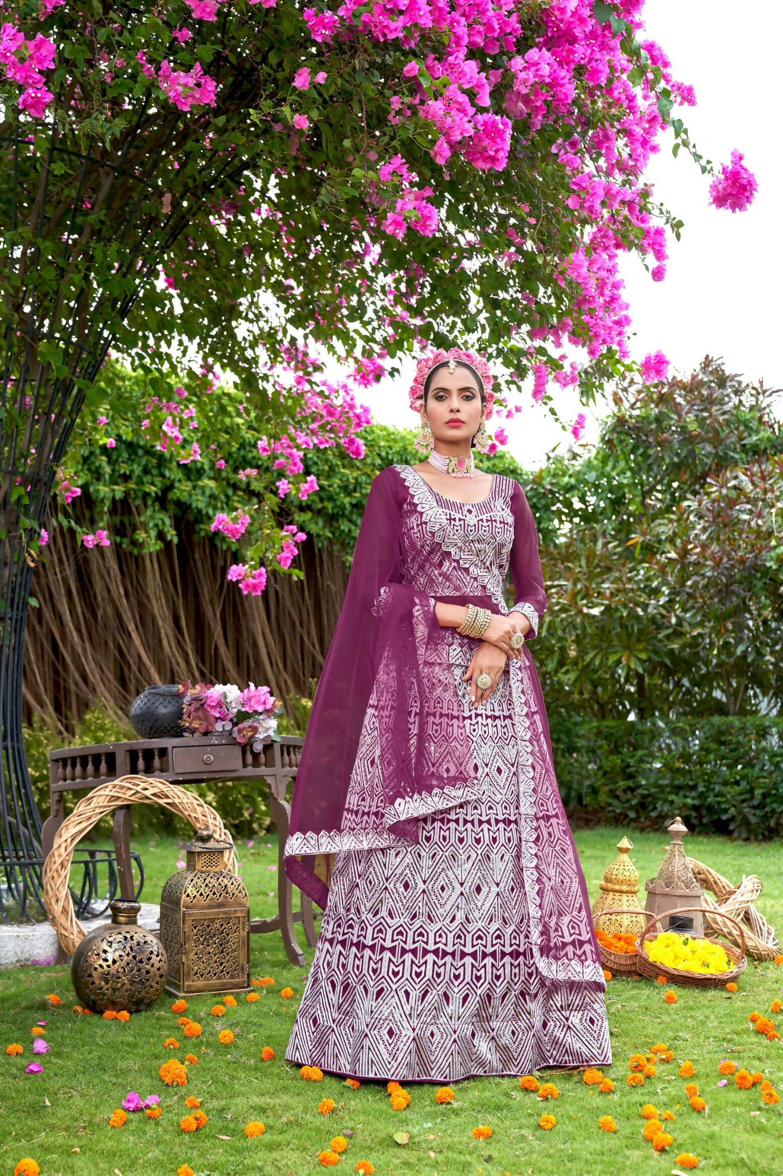 Purple Net Embroidered Semi Stitched Lehenga Choli with Dupatta - Bhagya - Distacart