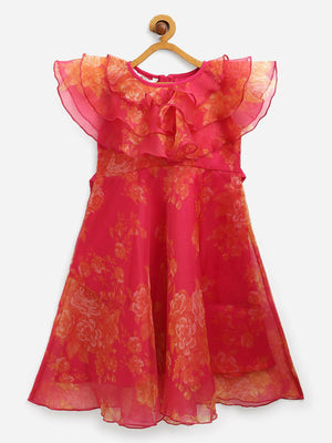 Ahalyaa Pink Organza Digital Print Kids Dress Kurta For Girls - Distacart