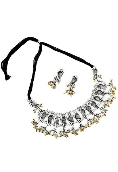 Tehzeeb Creations Oxidised Silver And Golden Colour Fish Design Necklace And Earrings