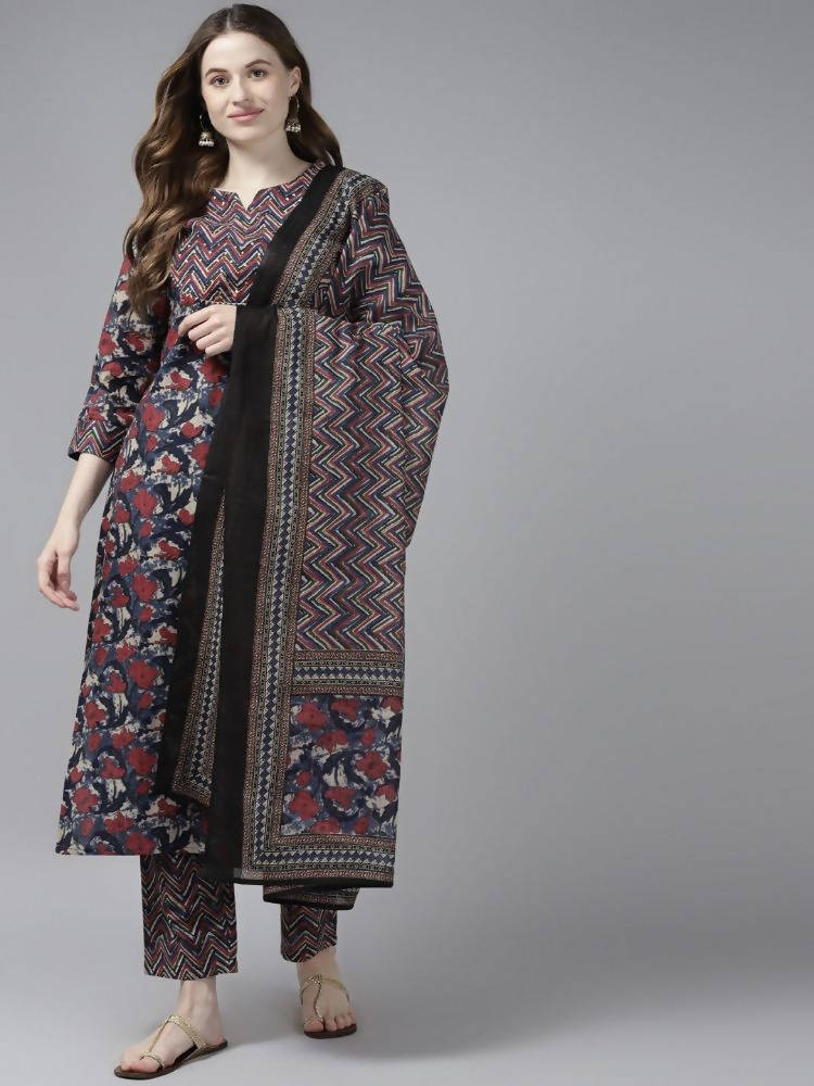 Yufta Women Navy Blue & Red Floral Printed Pure Cotton Kurta with Trouser and Dupatta
