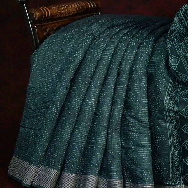 Bottle Green Self Printed Semi Chanderi Saree By Gayathri Reddy Designer Studio - Distacart