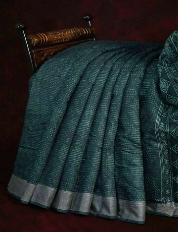 Bottle Green Self Printed Semi Chanderi Saree By Gayathri Reddy Designer Studio - Distacart