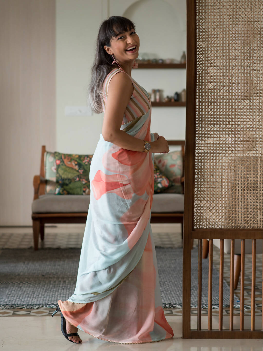 Suta Blue Floral Pure Cotton Saree - Distacart