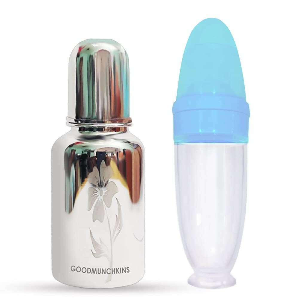 Goodmunchkins Stainless Steel Feeding Bottle 304 Grade Jointless & Spoon Food Feeder for Baby Nipple Feeder 300 ml Combo Pack-Blue - Distacart