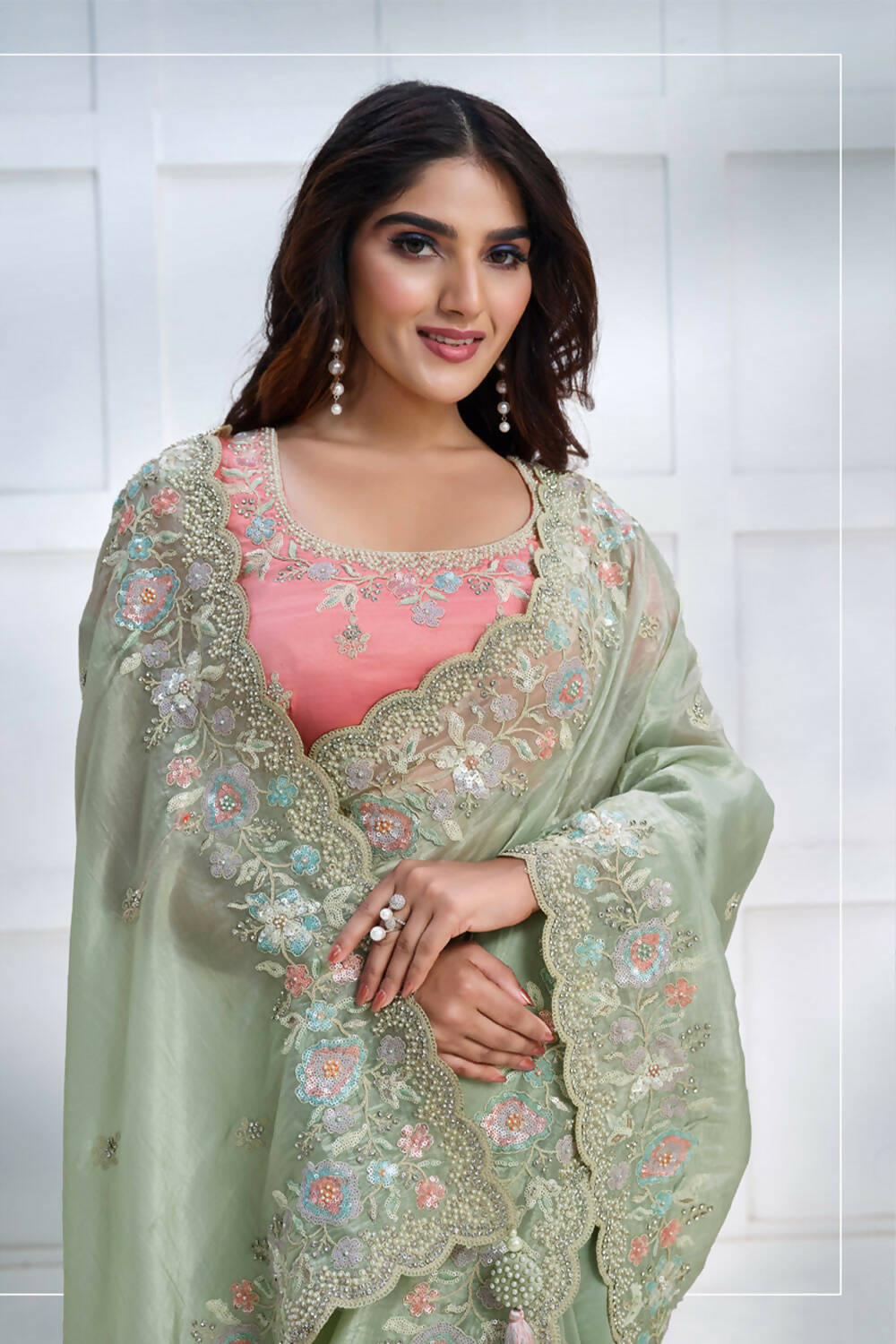 Green Banarasi Crush silk Sequence Embroidered with Stone work Saree - Mohmanthan Majestica - Distacart