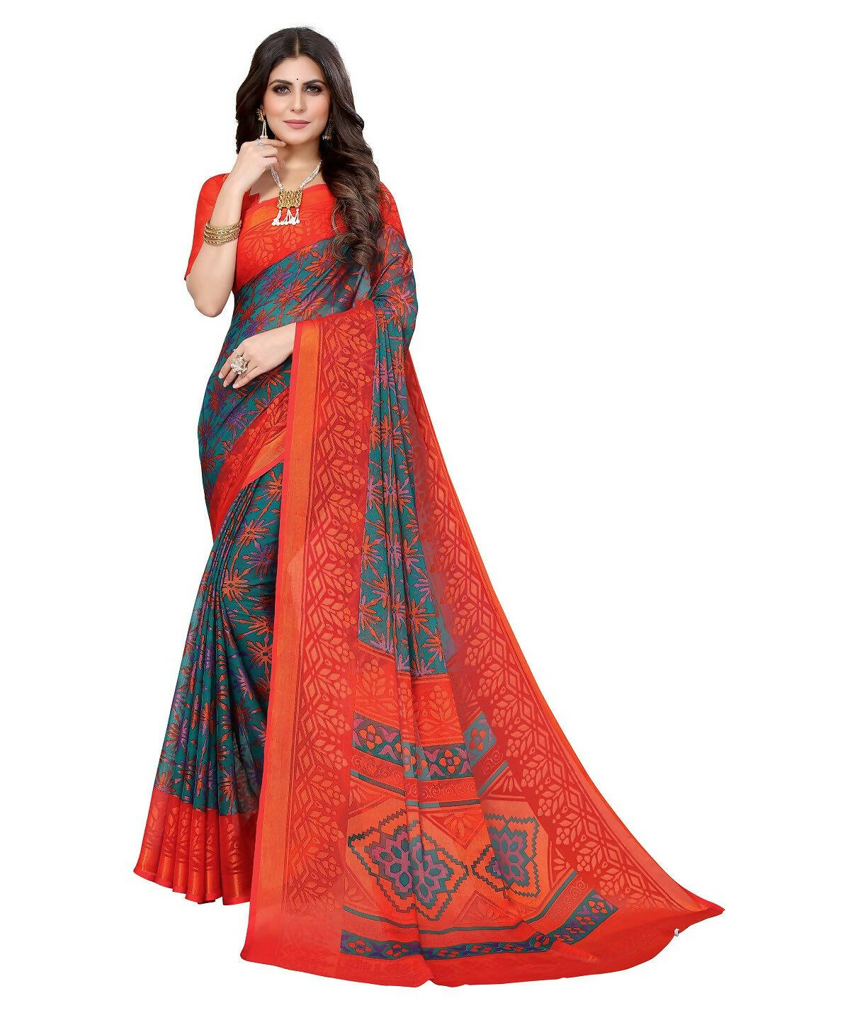 Vamika Rama Green Chiffon Brasso Bollywood Style Woven Saree (DEVINA RAMA) - Distacart