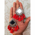 Thumbnail for Silver Mirror Oxidized Red Color Silk Threads German Silver Earrings