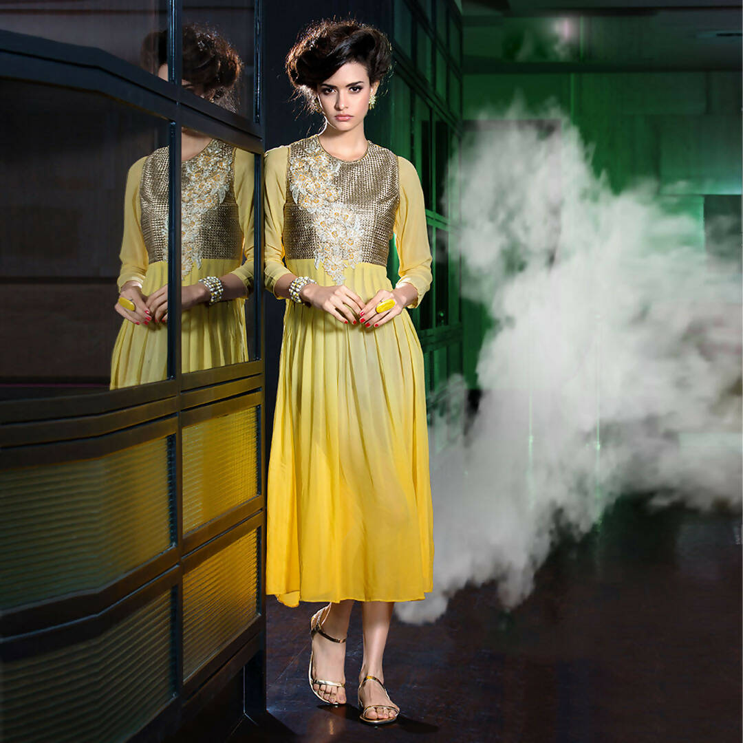 Yellow Georgette Floral Embroidered A-line Kurti - Missy - Distacart