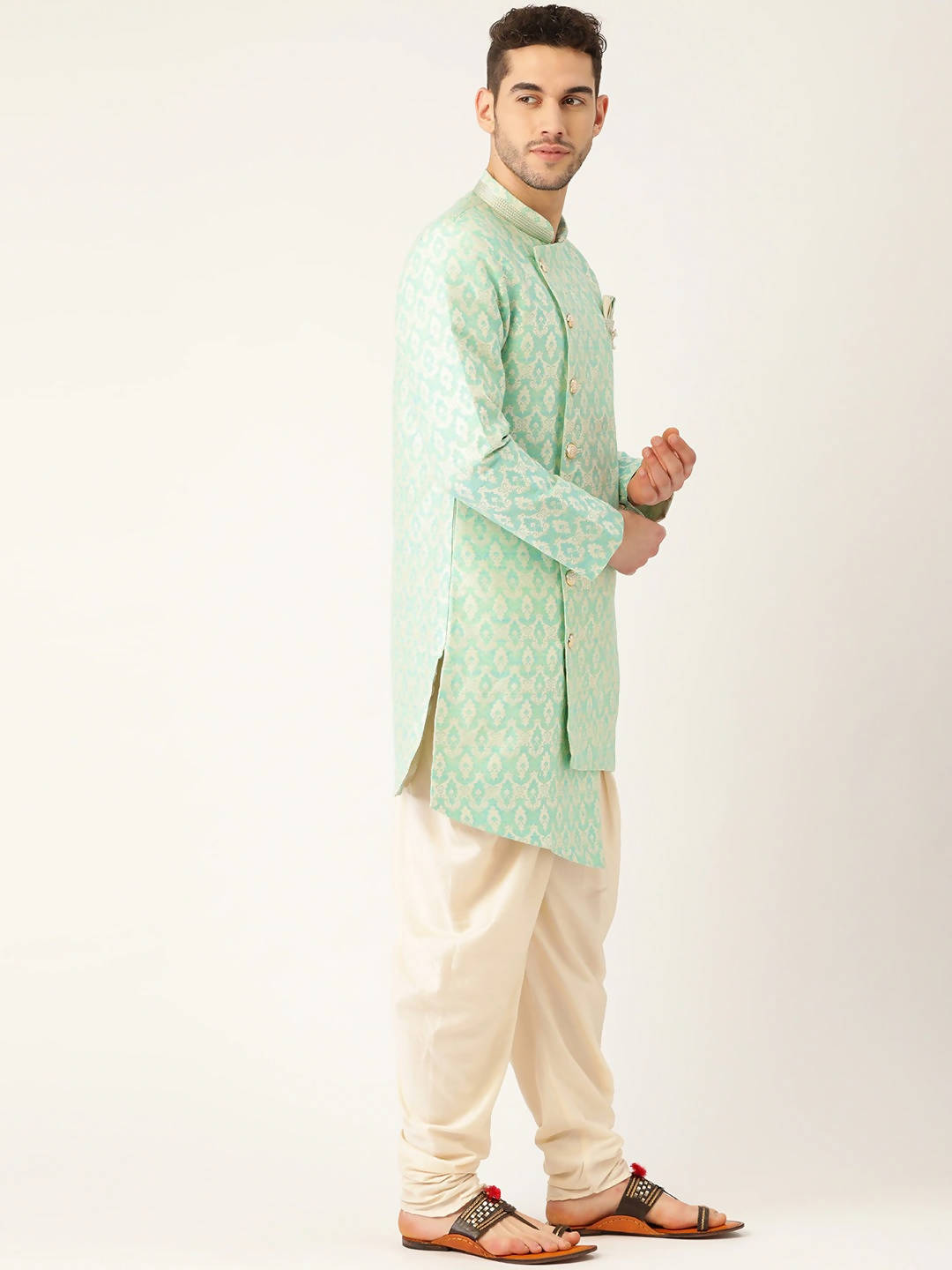 Manyavar Men Green & Off-White Jacquard Angrakha Kurta with Patiala - Distacart