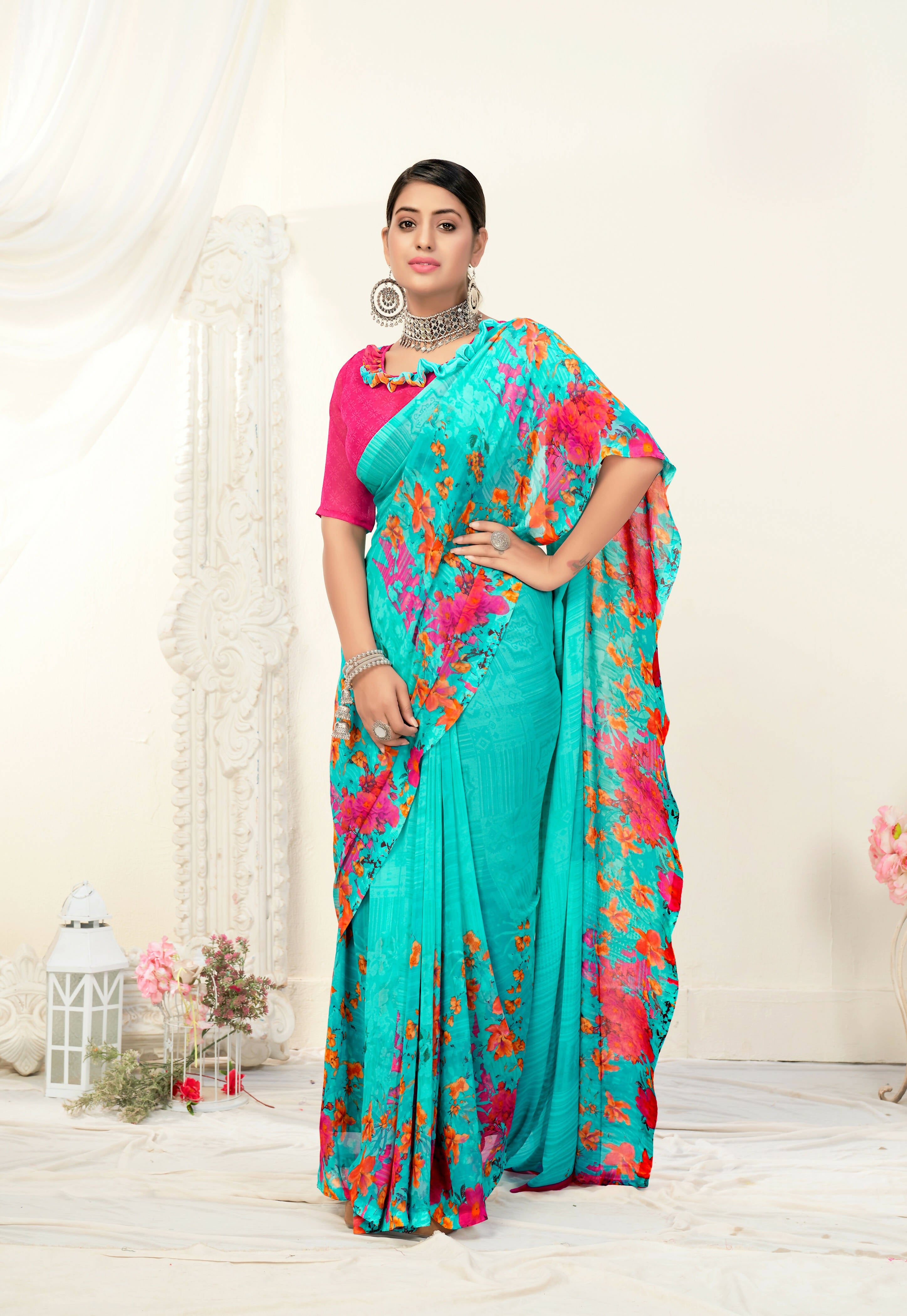 Sea Green Georgette Floral Printed Saree With Unstitched Blouse Piece - Jyoti - Distacart