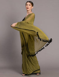 Thumbnail for Suta Olive Green Black Solid Pure Cotton Saree - Distacart
