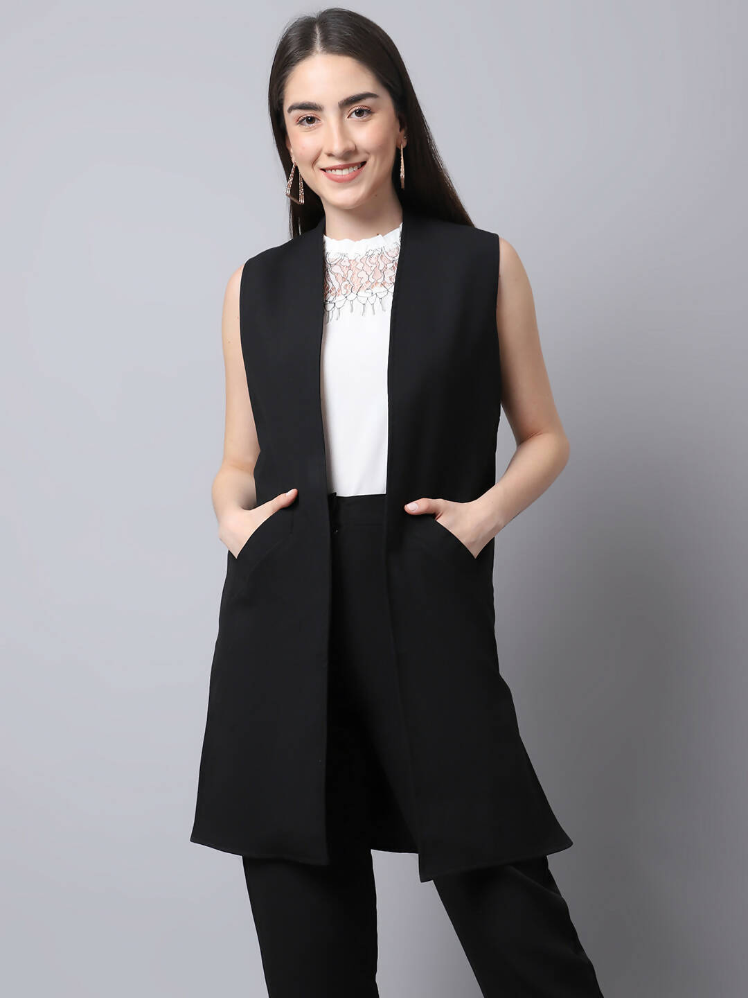 Even Apparels Black Polywool Open Front Women's Long Coat PW668 - Distacart