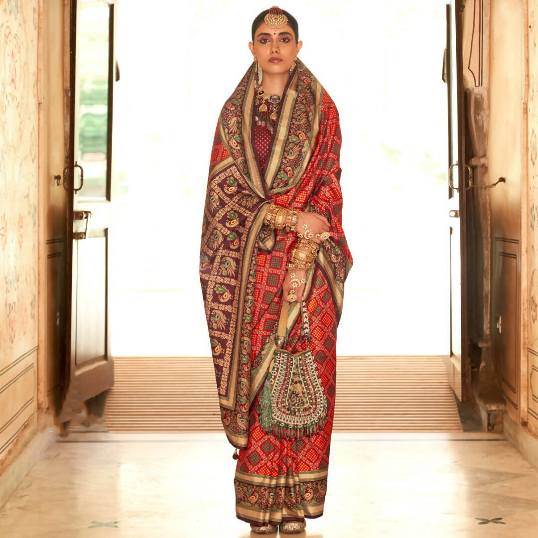 Deep Red Silk With Banarasi Print Work Saree - Trirath Yamuna - Distacart