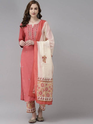 Yufta Women Pink Ethnic Motifs Embroidered Kurta with Palazzo & Dupatta