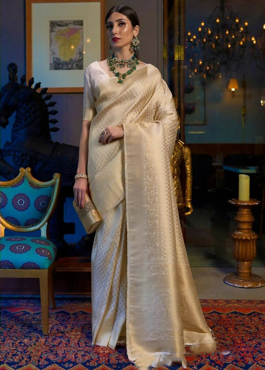 DEIANA'S Beautiful Golden Jari with New Design Soft Lichi Silk Saree - White - Distacart