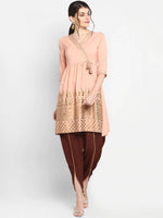 Thumbnail for Janasya Peach-Coloured & Maroon Printed Angrakha Gotta Patti Kurta with Dhoti Pants - Distacart
