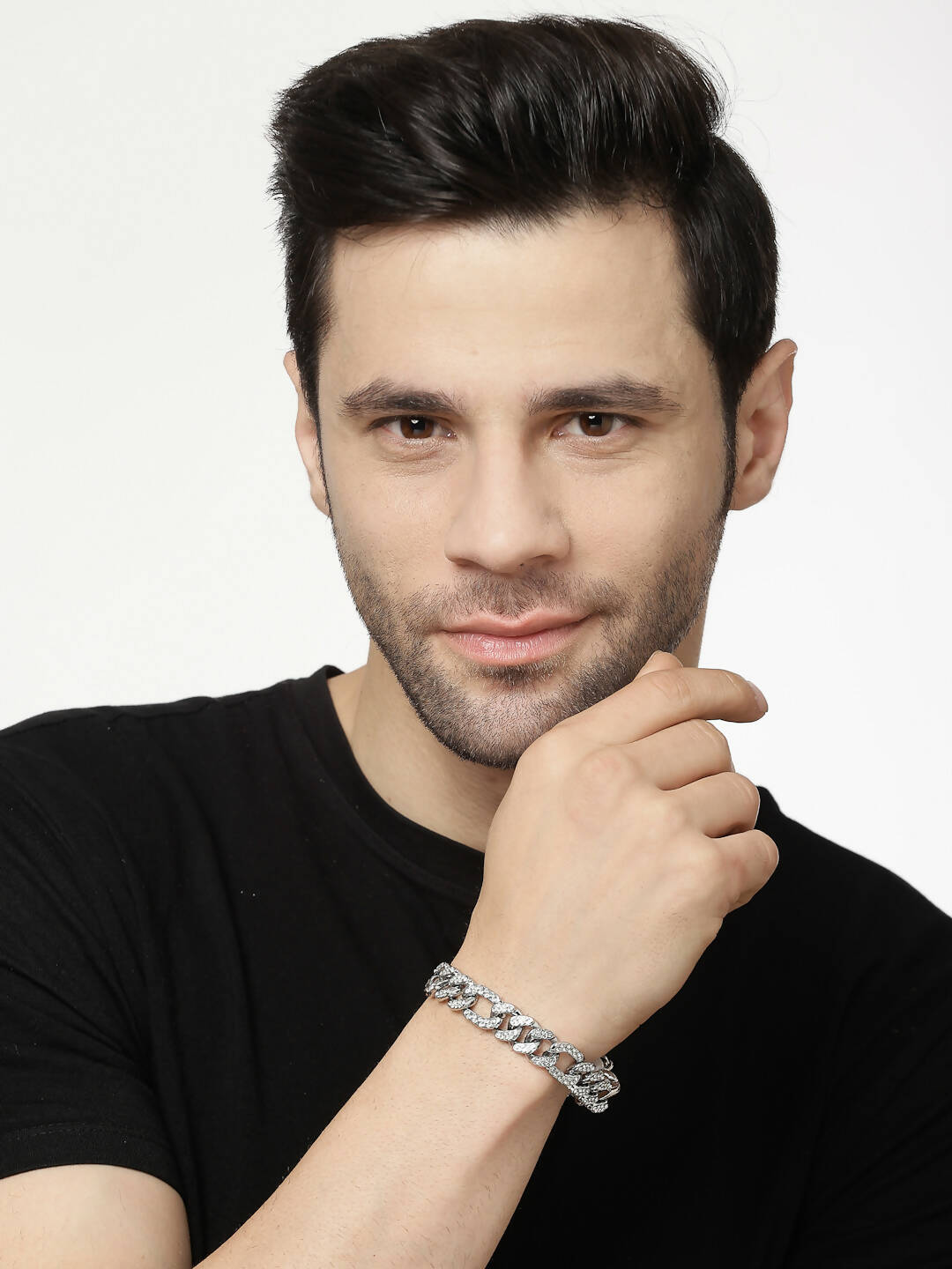 NVR Men Silver-Plated Stainless Steel American Diamond Studded Link Bracelet - Distacart