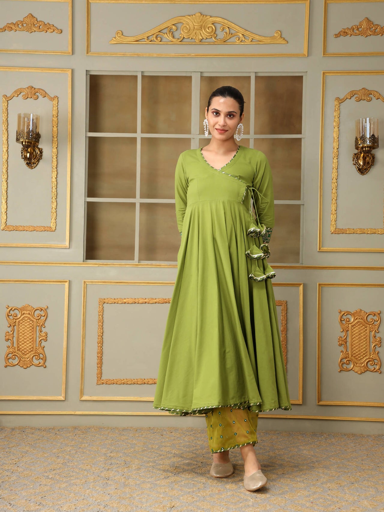 Pomcha Jaipur Green Saadgi Mehendi Green Mirror Work Angrakha Set - Distacart