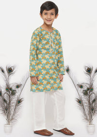 Thumbnail for Little Bansi Cotton Bird Print Kurta with Pearl Buttons & Pyjama -Blue & Cream - Distacart