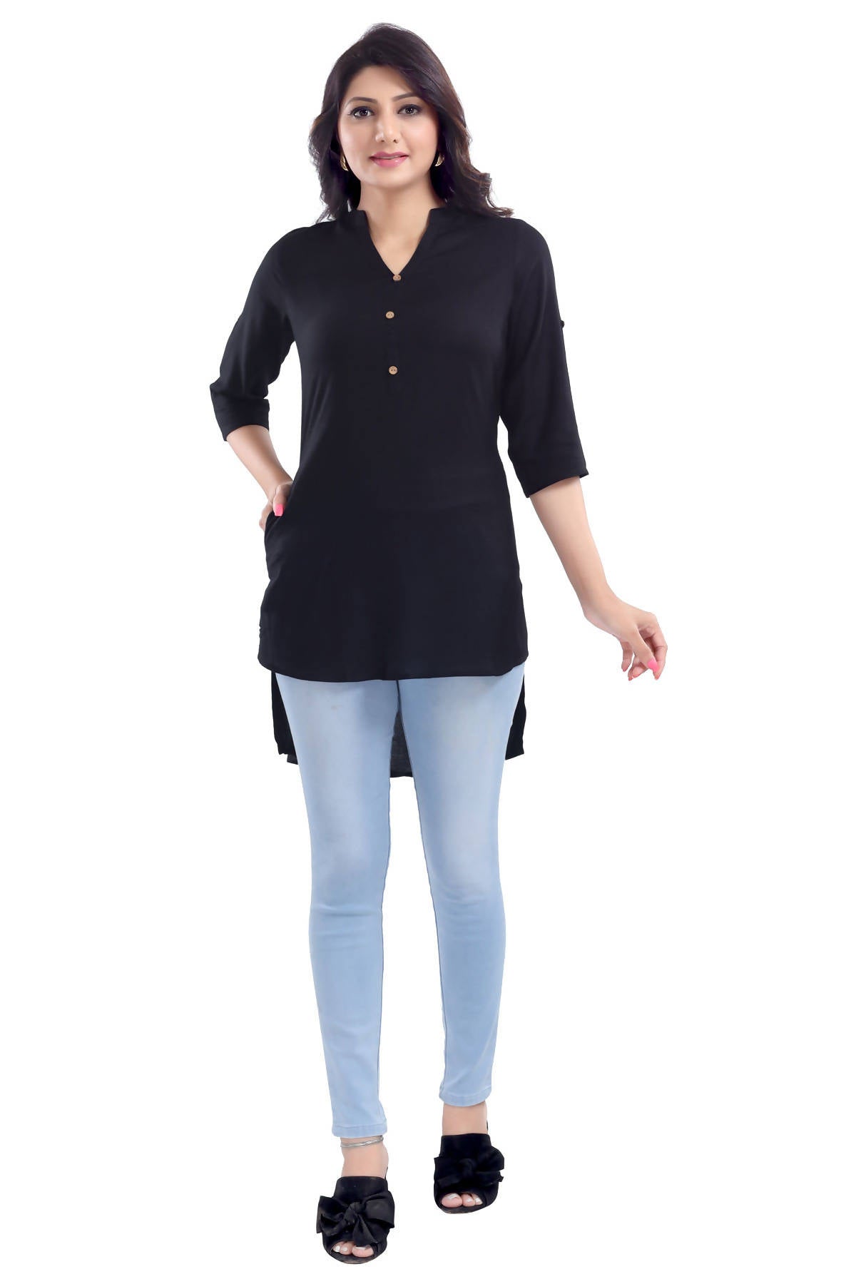 Snehal Creations Beauteous Black Button Down Styled Rayon Kurti For Women - Distacart
