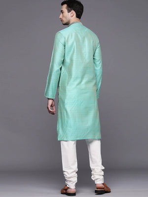 Manyavar Men Turquoise Blue Ethnic Motifs Regular Kurta with Pyjamas - Distacart