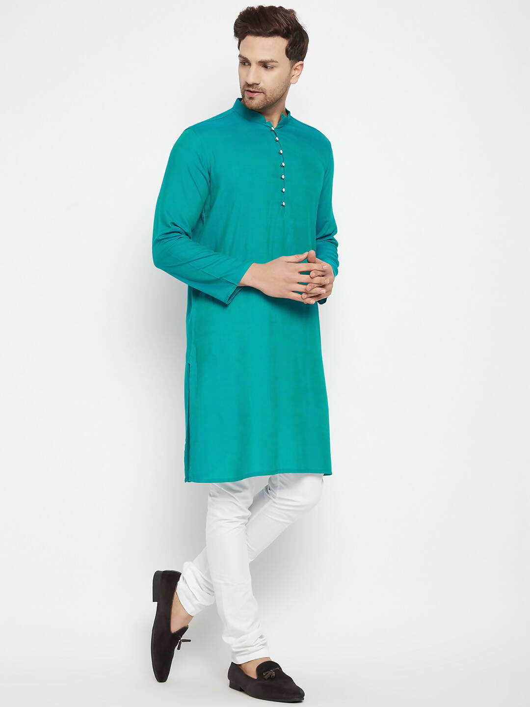 Even Apparels Blue Pure Cotton Long Men's Kurta With Band Collar - Distacart
