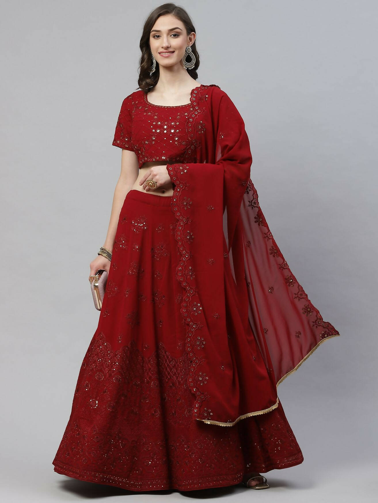 Maroon Georgette Thread with Sequins Embroidered work Lehenga Choli with Dupatta - Jivika - Distacart