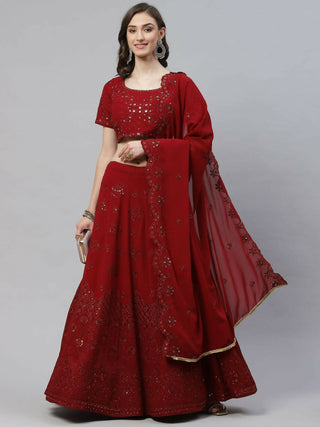 Maroon Georgette Thread with Sequins Embroidered work Lehenga Choli with Dupatta - Jivika - Distacart