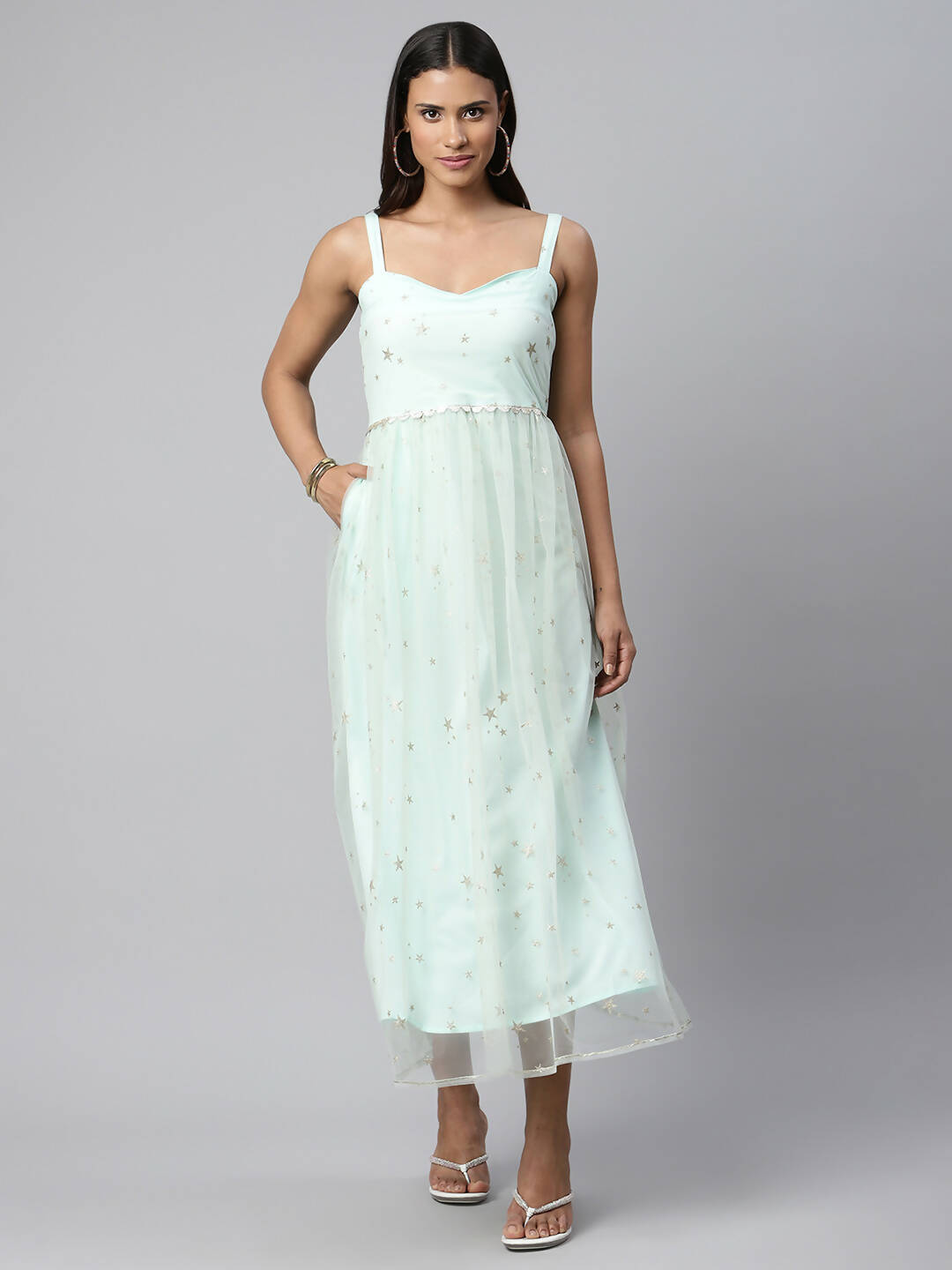 Ahalyaa Women Summer Blue Net Glitter Printed Dress - Distacart