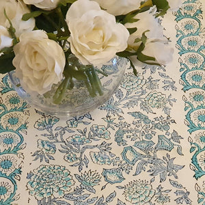 Peony Floral Print Handblock Dining Table Set In Soothing Blue And Green Colour 