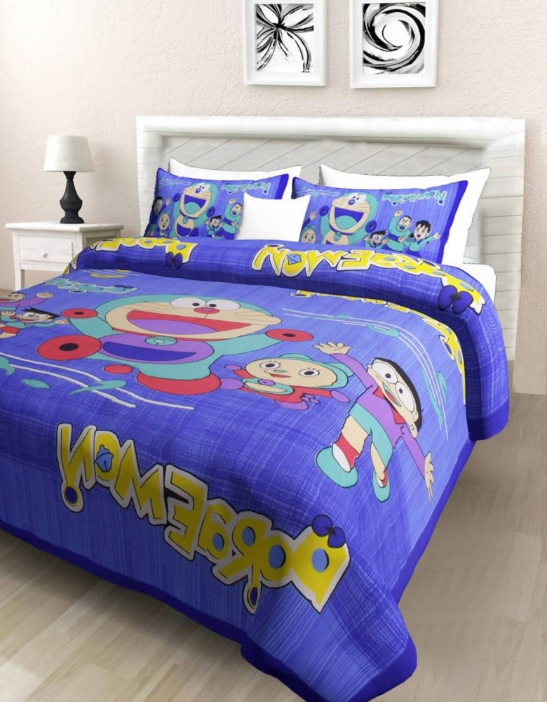 Vamika Printed Doremon Cotton Blue Bedsheet With Pillow Covers