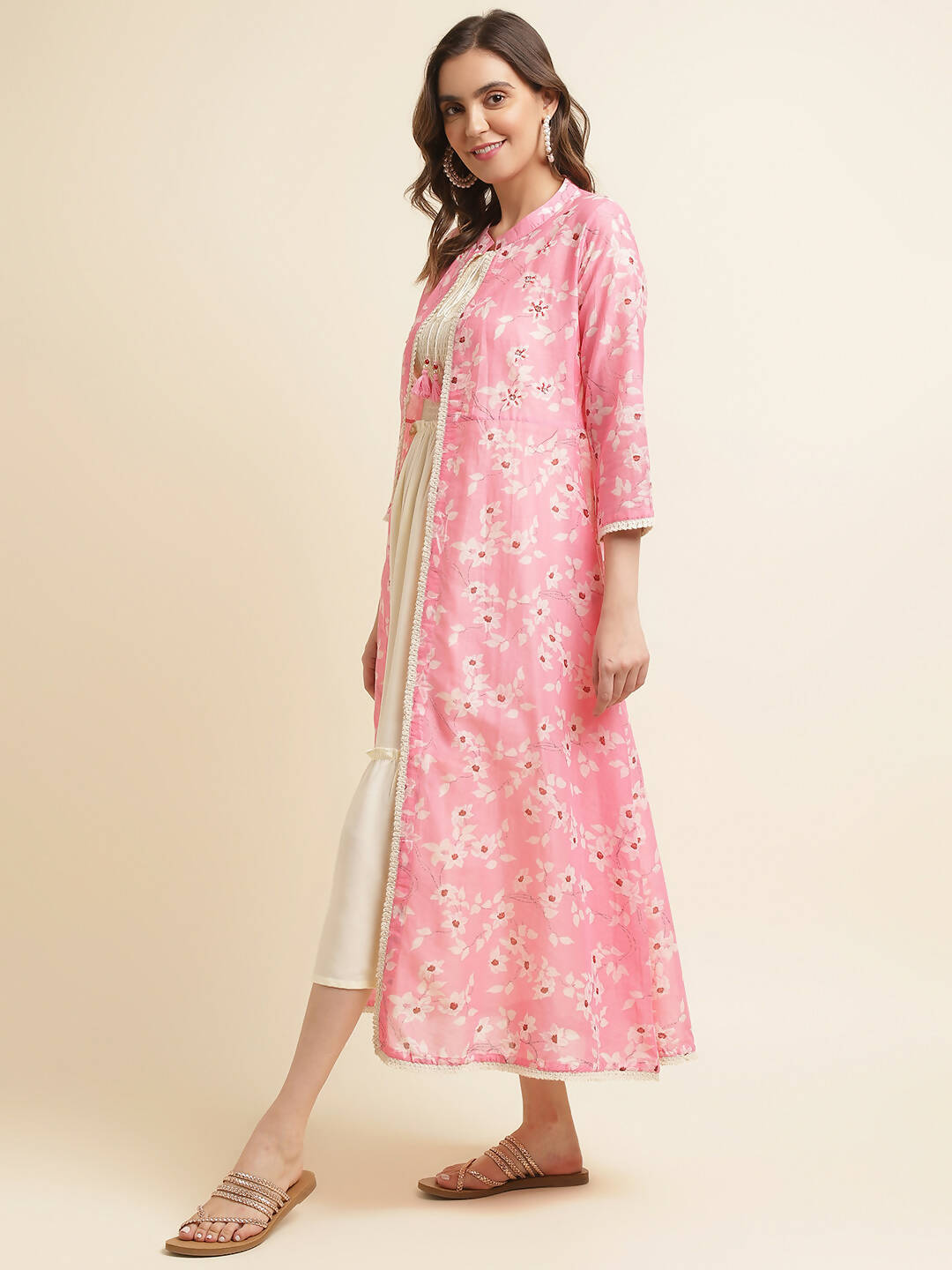 White Cotton Solid Flared Dress with Printed Shrug - Yukti - Distacart