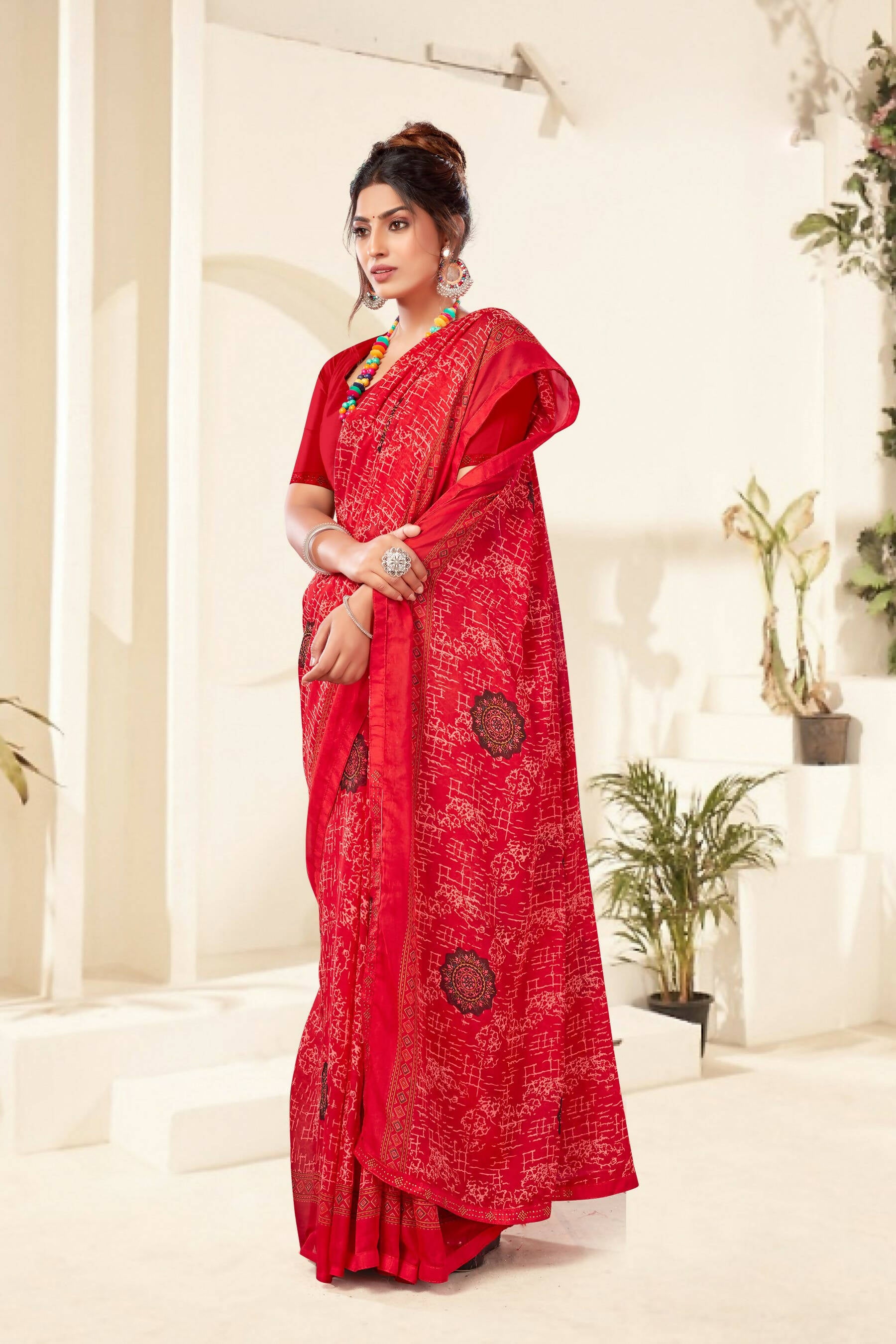 Red Georgette Texture Printed Saree with Unstitched Blouse Piece - Akansha - Distacart