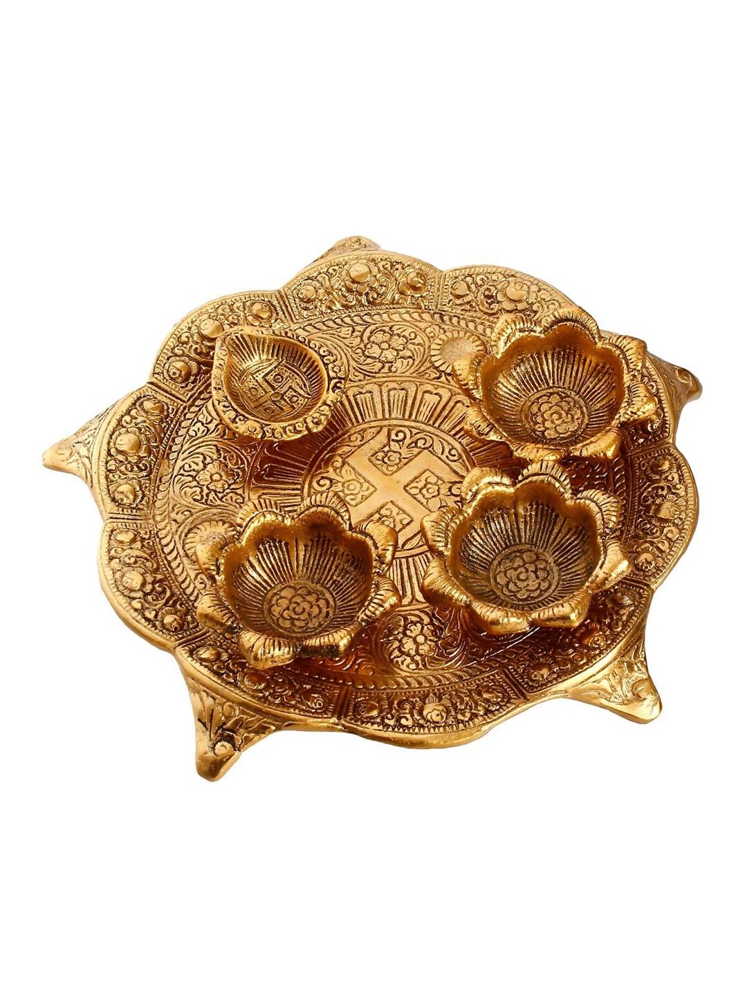 eCraftIndia Gold-Toned Swastik Pooja Thali Bowl & Diya Showpiece - Distacart