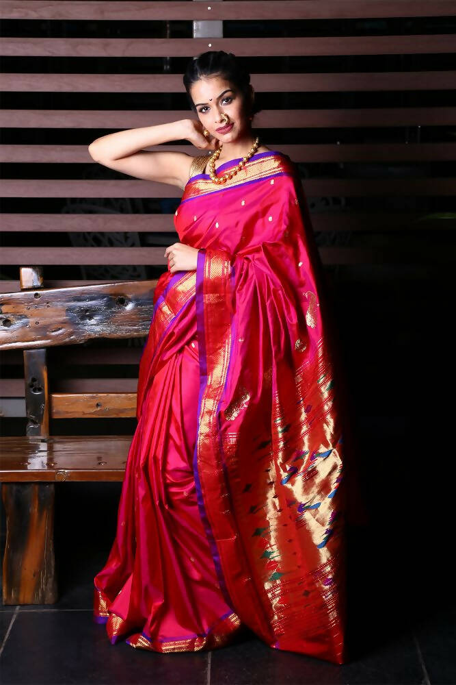 Very Much Indian Pure Silk Yeola Handloom Paithani Saree - Pretty Pink - Distacart