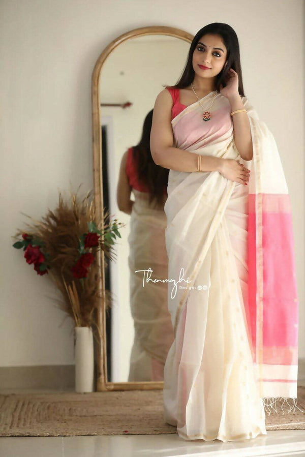 DEIANA'S Beautiful Golden Jari with New Design Soft Cotton Saree - White - Distacart