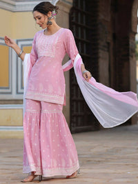 Thumbnail for Juniper Women's Pink Cambric Floral Print Kurta Sharara Sets - Distacart