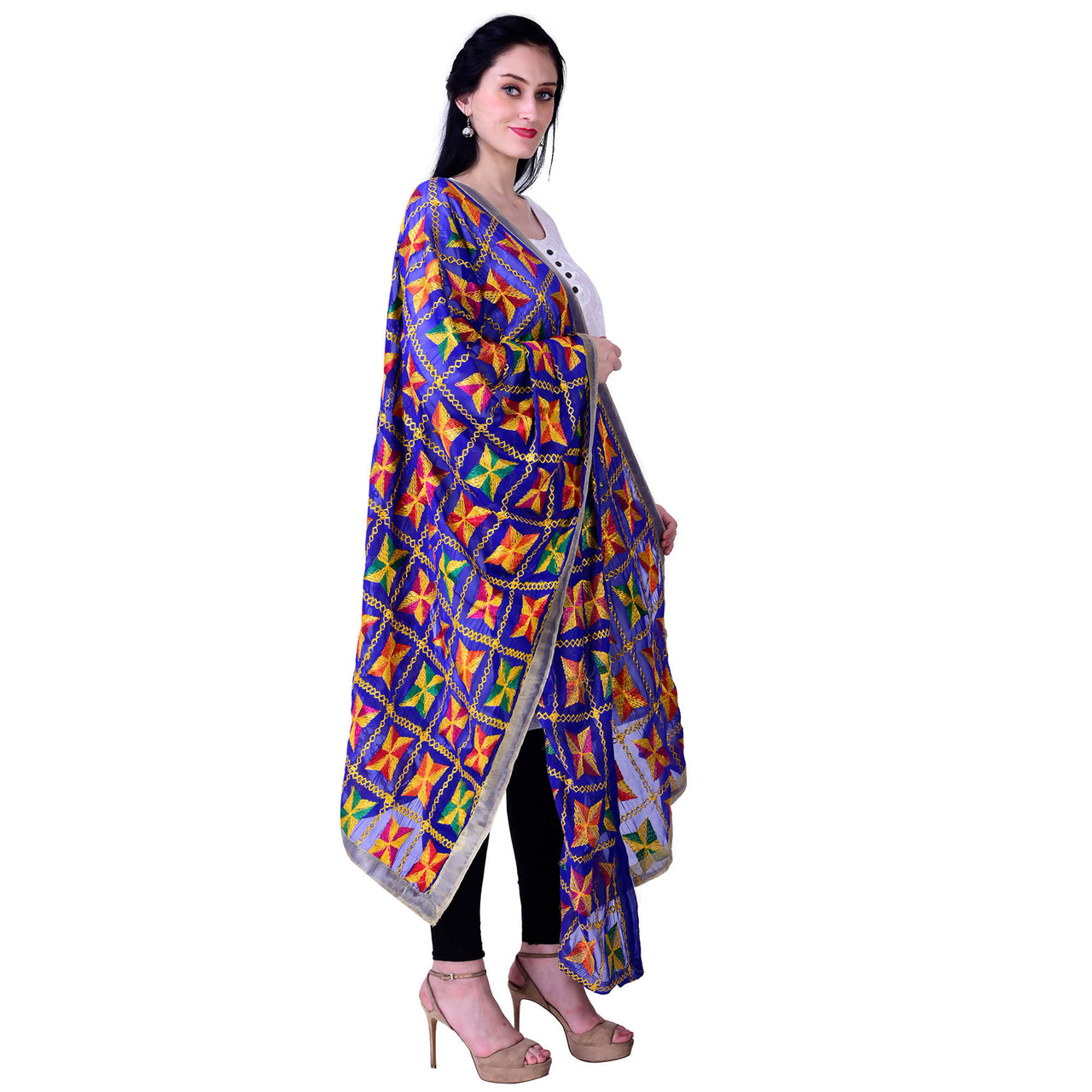 SWI Stylish Women's Embroidered Phulkari Chiffon Royal Blue Dupatta