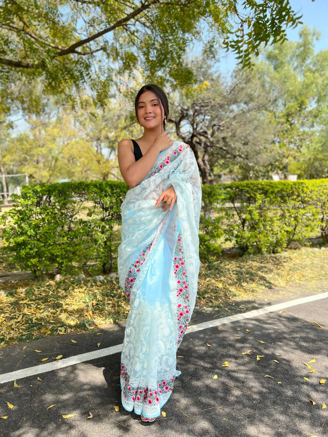 Vamsee Sky Blue Organza Saree - Distacart