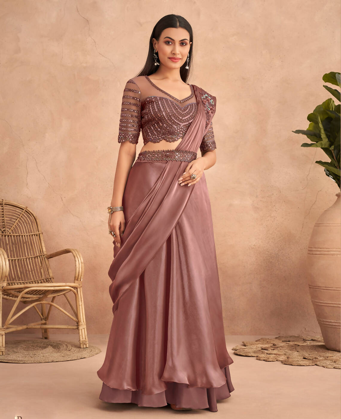 Dark Mauve Satin Embroidered Ready To Wear Saree With Unstitched Blouse Piece - Nandika - Distacart
