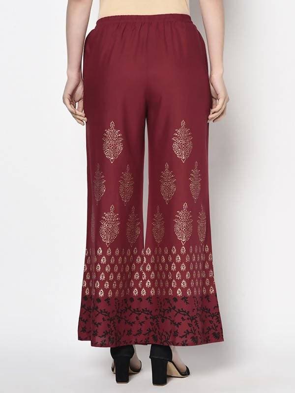 Aniyah Rayon Maroon Color Block Print Flared Slip-On Palazzo (AN-183K)